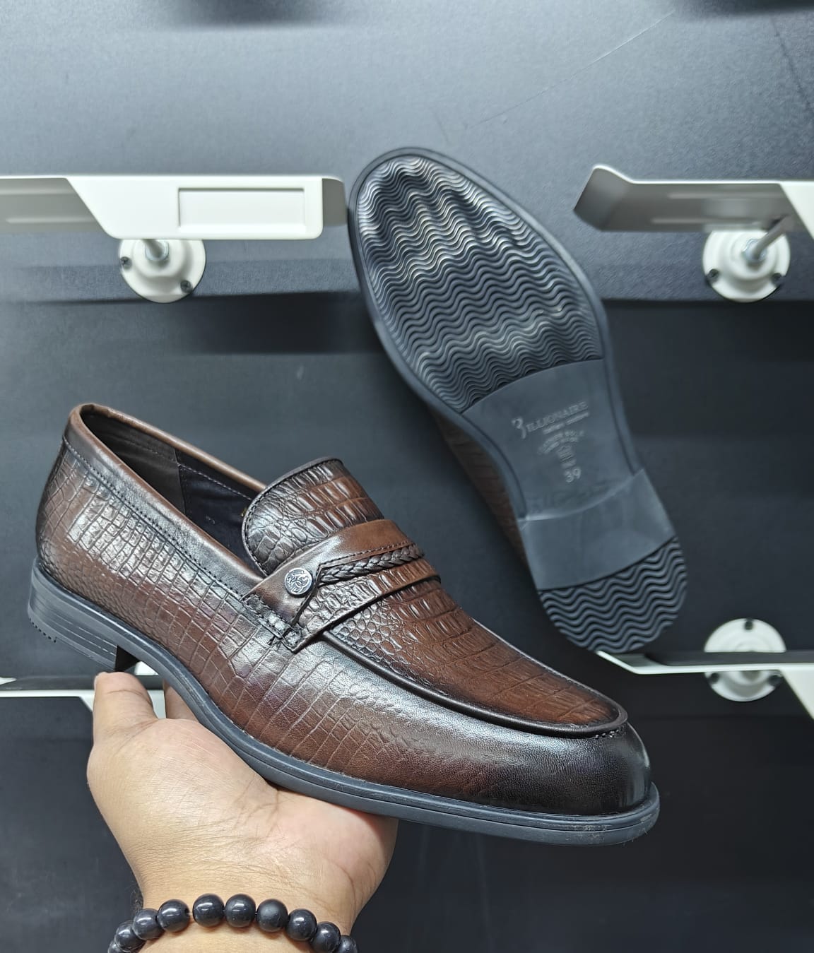 Billionaire Italian Couture Men's Crocodile-Embossed Leather Loafers – Dark Brown